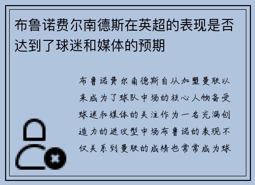 布鲁诺费尔南德斯在英超的表现是否达到了球迷和媒体的预期